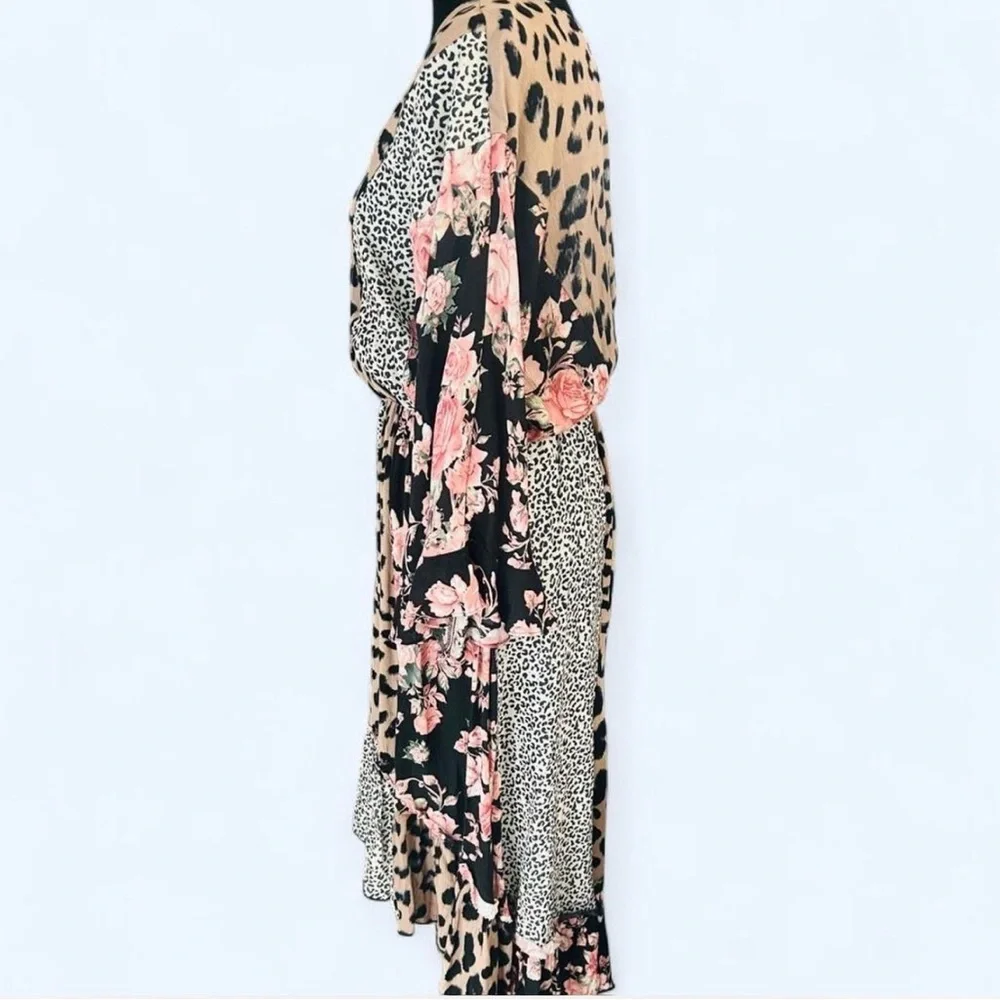 GiGio Mixed Print Leopard Floral Boho Midi Dress Small Flowy Bell Sleeve - Picture 3 of 5